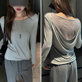 设计感假两件后背网纱拼接气质长袖t恤女秋冬内搭显瘦修身打底衫