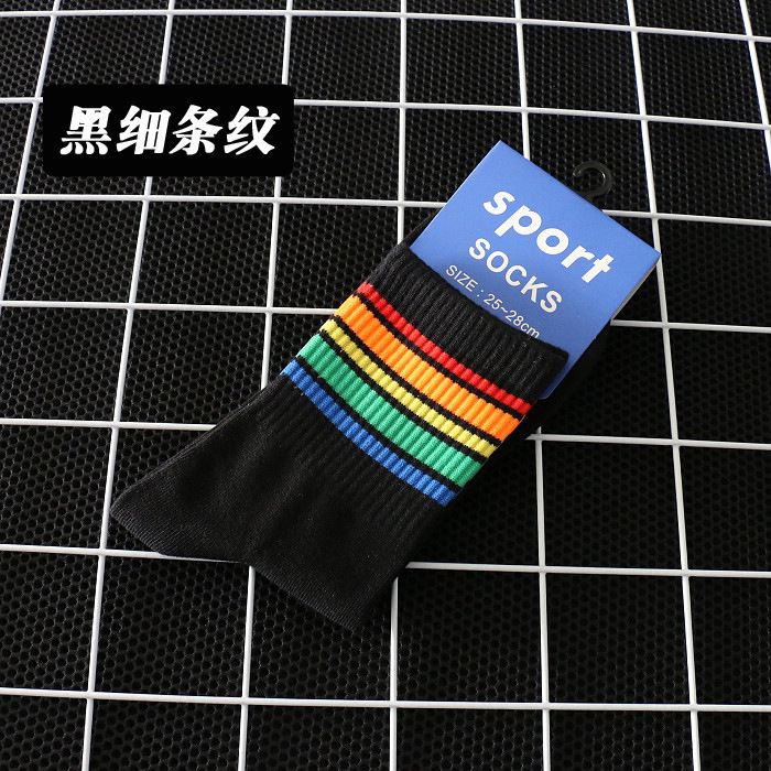 Fashion Casual Exercise Socks Spring, Summer and Autumn Thin Type Mid-Calf Rainbow Men's Socks College Style Socks