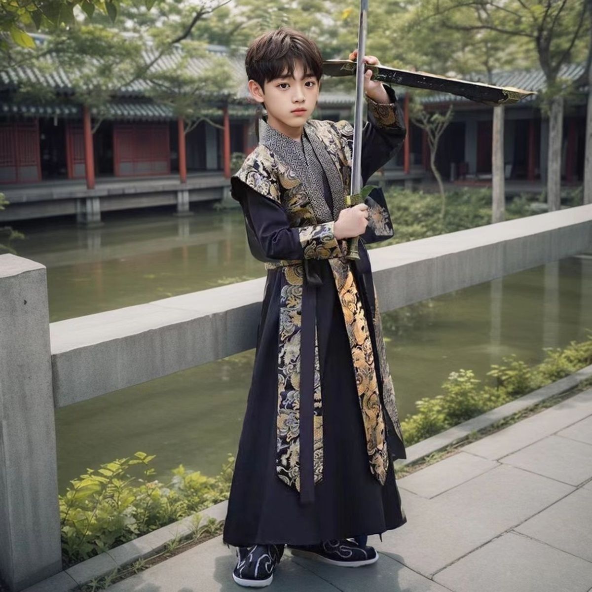 汉服男童薄款春秋古装中国风侠客风书生国学服飞鱼中大童唐装帅气