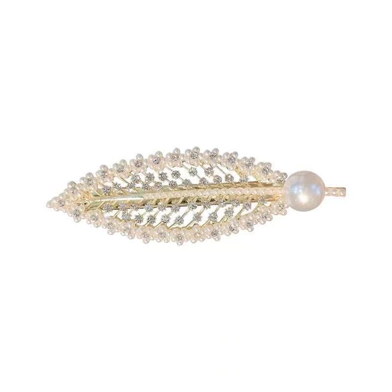 New 2022 New Pearl Rhinestone Leaves Duckbill Clip South Korea Elegant Hair Clip Internet Celebrity Bang Clip Broken Hair Side