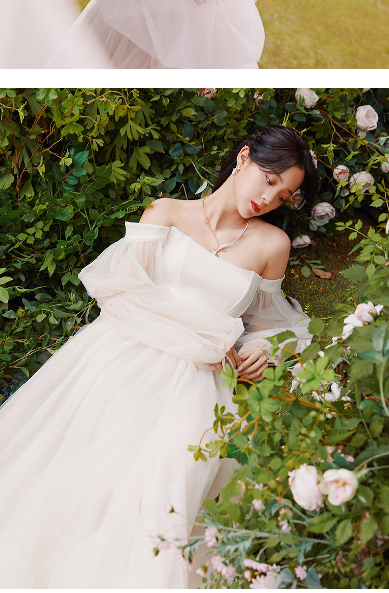 欧阳娜娜明星同款晚礼服2022新款生日宴会主持人礼服裙一字肩婚纱