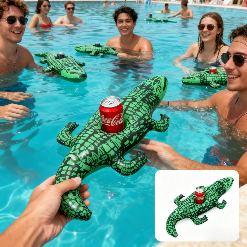 跨境PVC充气鳄鱼杯座 水上可乐杯垫饮料手机杯座派对聚会水上用品