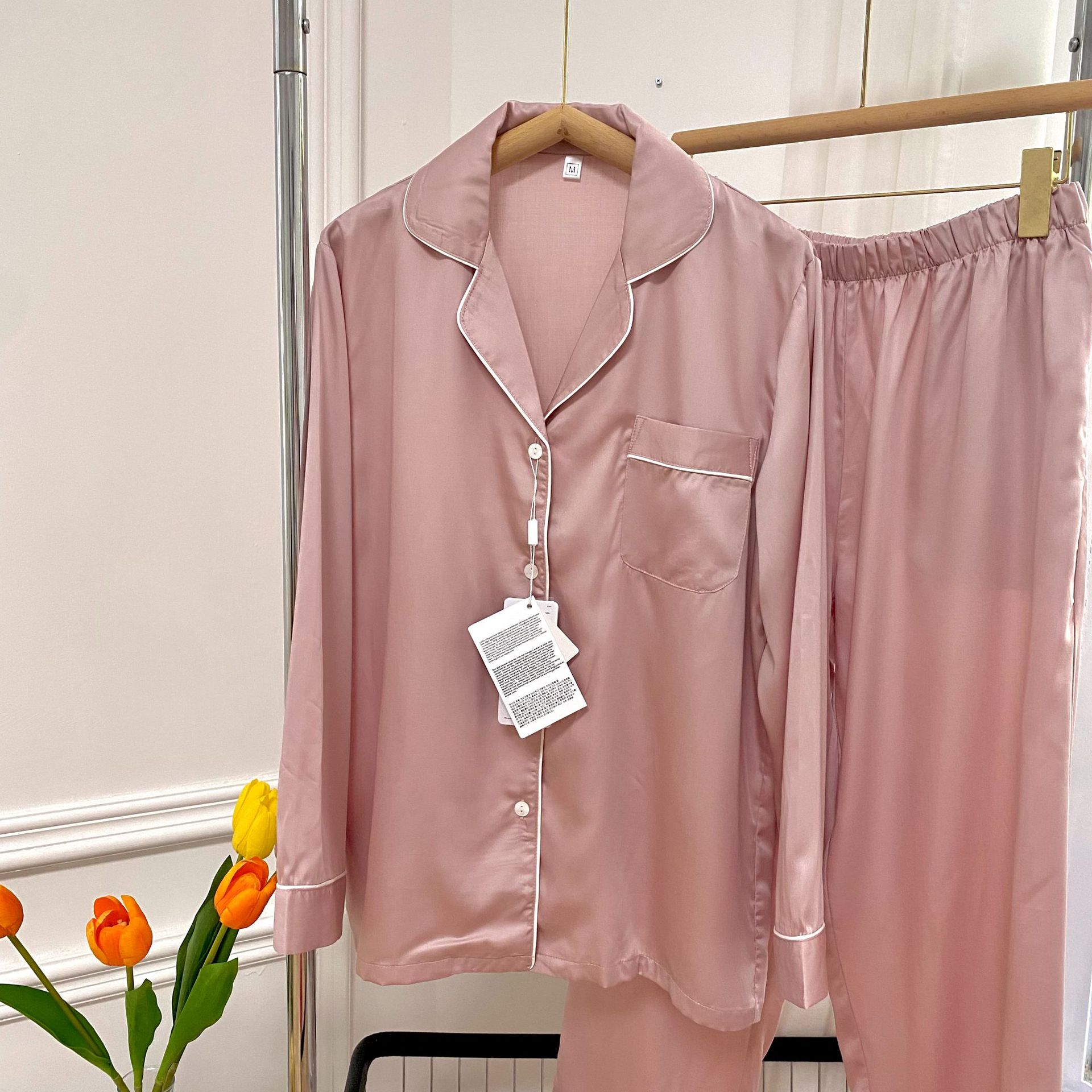 60兰精天丝纯色情侣家居服 简约居家男女士睡衣套装翻领可外穿