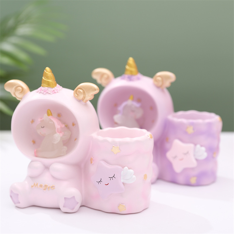 Creative Gift Angel Wings Unicorn Student Desk Storage Pen Holder with Light Star Light Resin Crafts