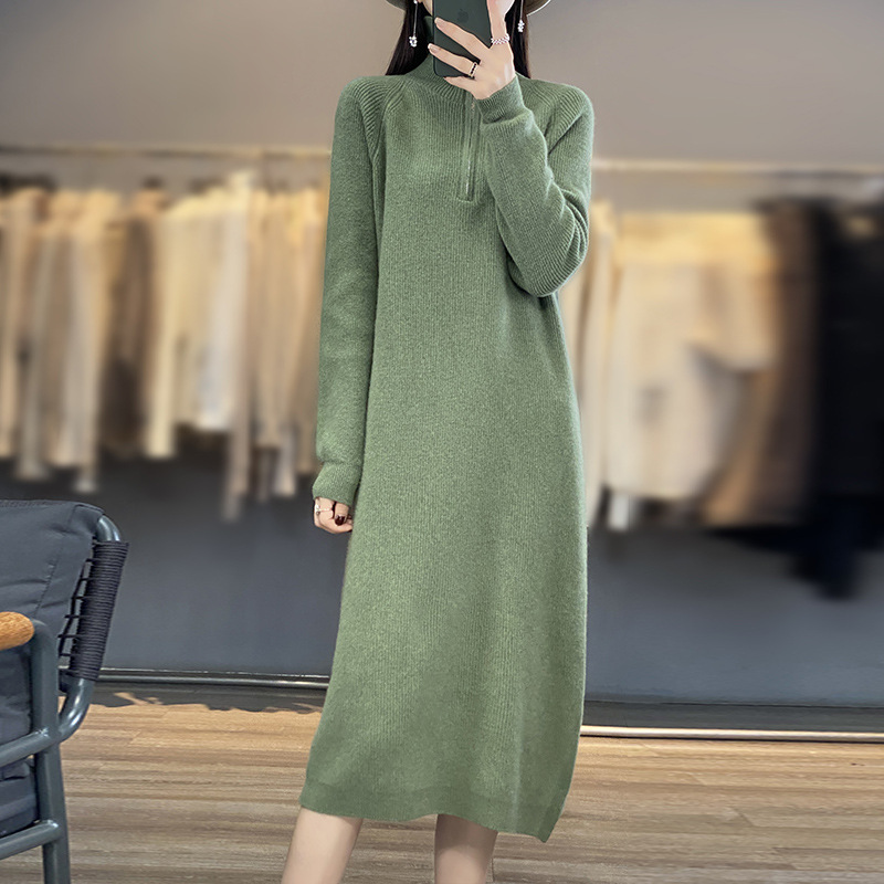 Autumn and Winter New Knitted Dress Women's 100 Pure Wool Dress Long Skirt over the Knee Slimming Bottoming Skirt Zipper Sweater Dress