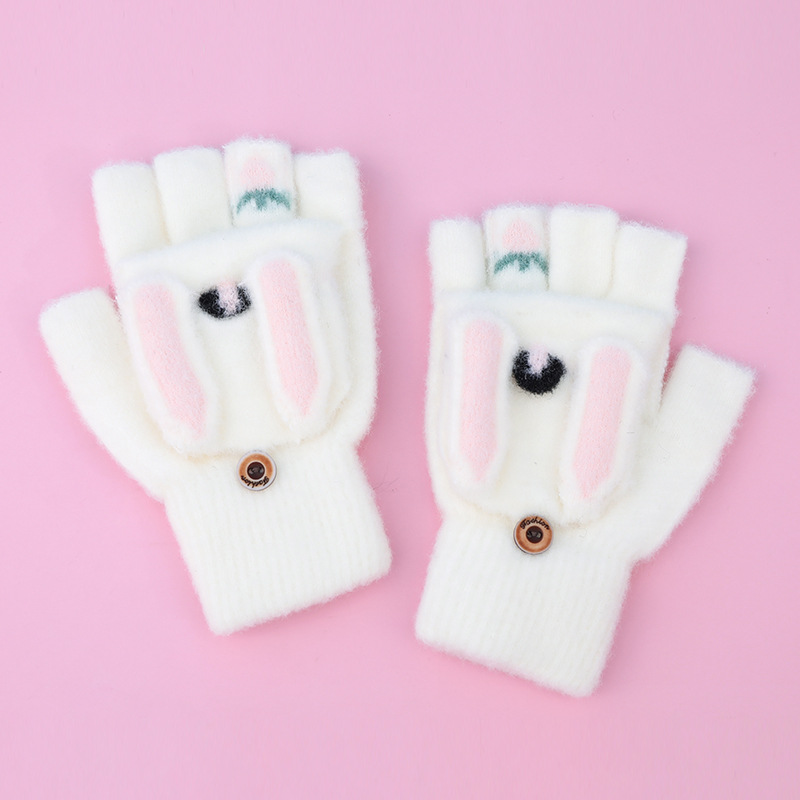 Winter New Cold-Proof Knitted Gloves Student Cute Warm Half Finger Gloves Cartoon Rabbit Thickened Flip Writing Gloves