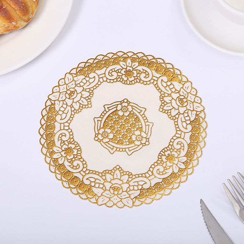 pvc烫金烫银隔热餐垫圆形方形16cm杯垫 镂空花卉设计碗垫盘垫批发