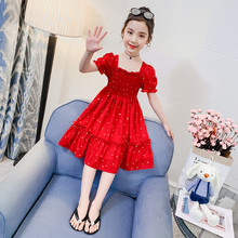 女童装夏装儿童连衣裙2022年新款中童小女孩洋气公主红色雪纺裙子