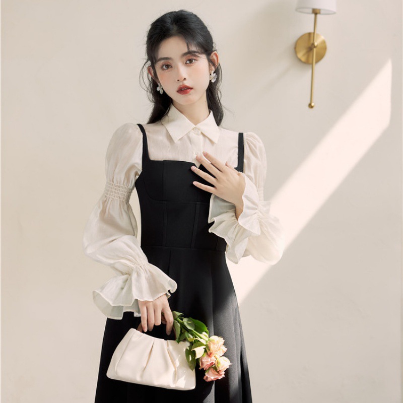 实拍 喇叭长袖翻领宫廷袖衬衣 收腰大摆背带裙复古套装-阿里巴巴