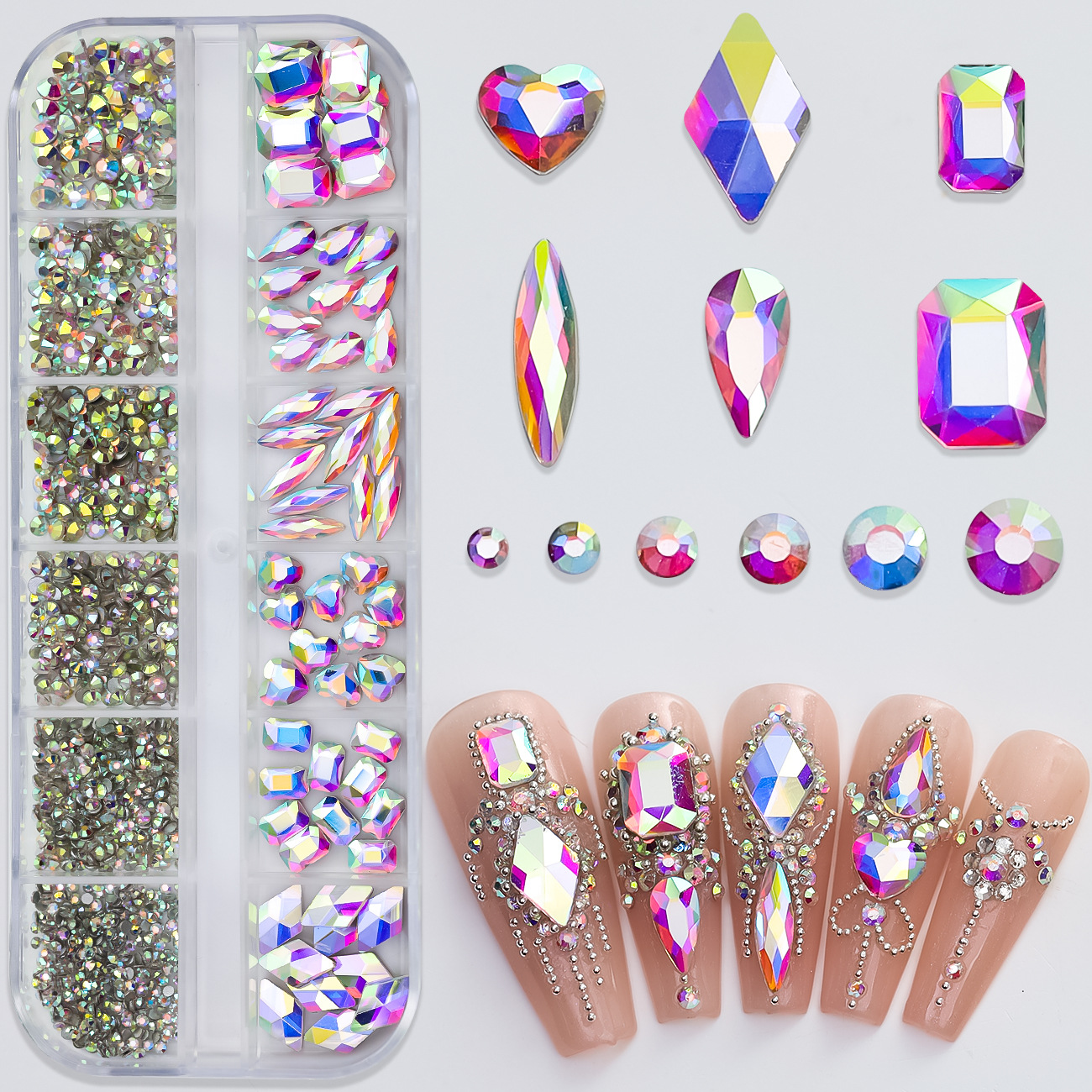 Cross-Border Nail Beauty Rhinestone Ornaments Wholesale 12-Grid Mixed Color Flat-Bottomed Fancy Shape Rhinestone Heart Water Drops Diamond Nail DIY Decoration