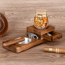 雪茄烟灰缸杯垫威士忌玻璃托盘木质灰色托盘带雪茄槽家用烟灰缸