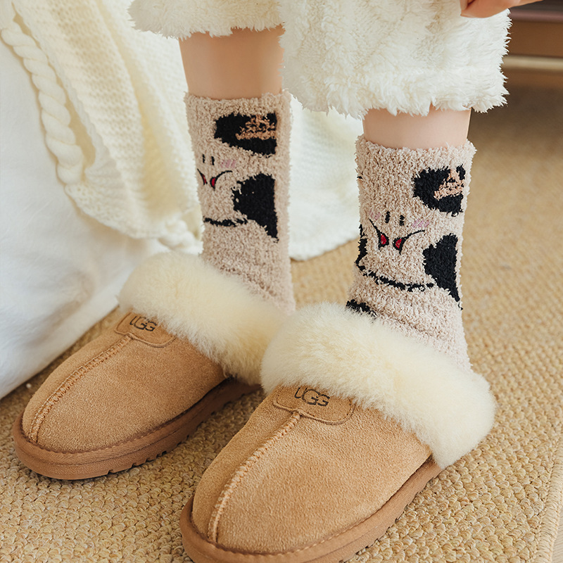 Socks Female Embroidery Small Animal Cute Coral Fleece Tube Socks Autumn and Winter Thickening Warm Floor Socks Home Sleeping Socks