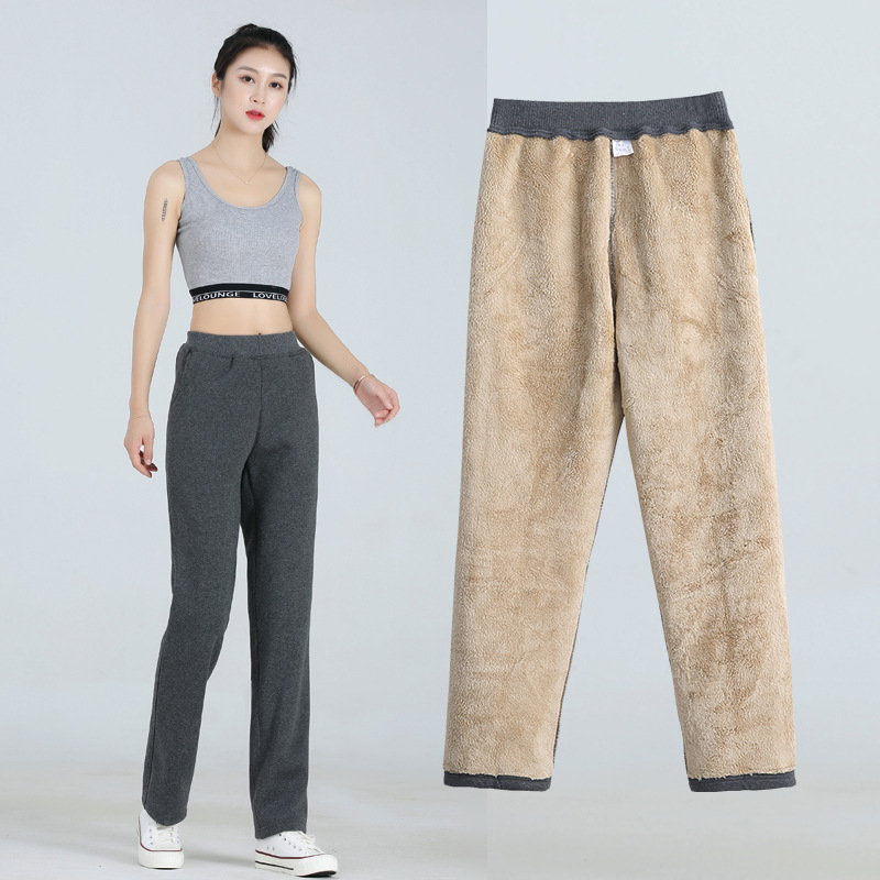 冬季羊羔绒运动裤女加绒加厚直筒裤子宽松外穿卫裤加大码冬天棉裤