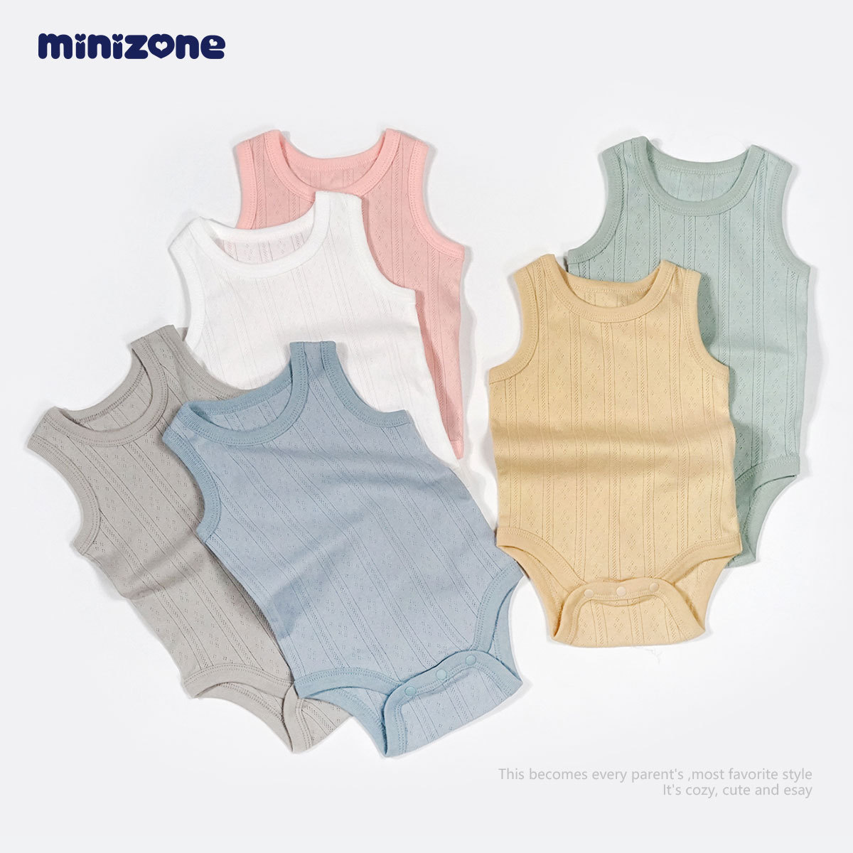 minizone婴儿连体衣男女宝宝夏季薄款无袖哈衣背心棉包屁衣两件装