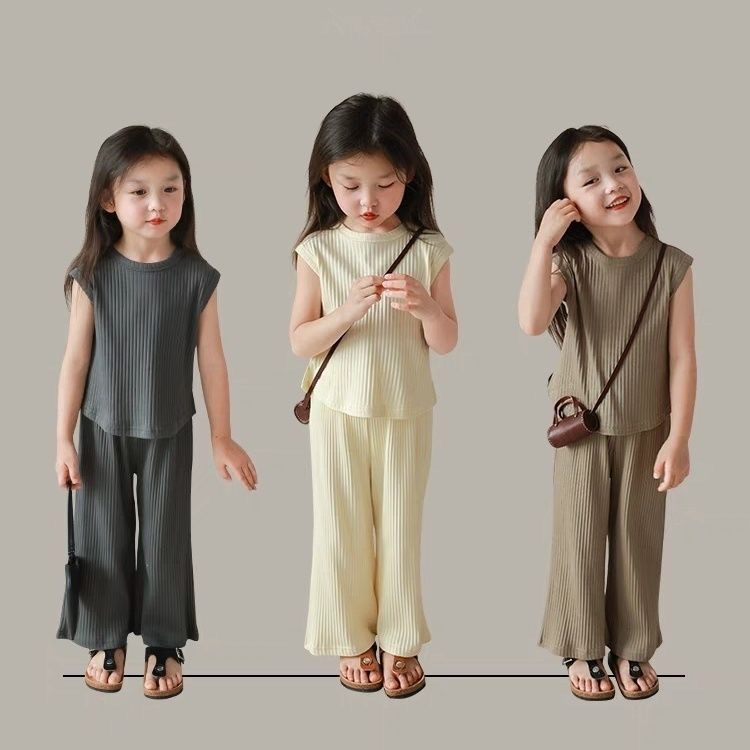 girls‘ summer suits 2023 new children ice silk thread sleeveless vest pants suit casual two-piece suit