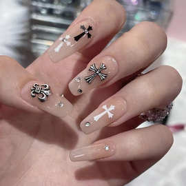 甲片成品批发克罗心水钻十字架裸色指甲贴片穿戴式美甲批发长款