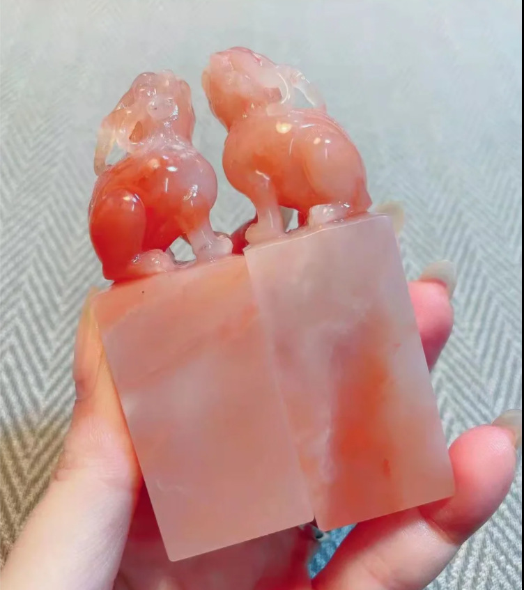 老挝桃花冻质地细腻干净石料对章印章2.6*2.6*8.3 2.5*2.5*8cm