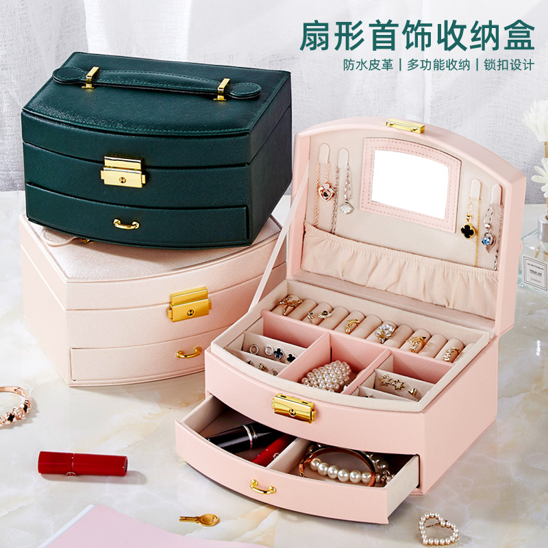 Jewelry Box Princess European Style Fan-Shaped Double Drawer with Lock Stud Earrings Necklace Ring Jewelry Storage Box