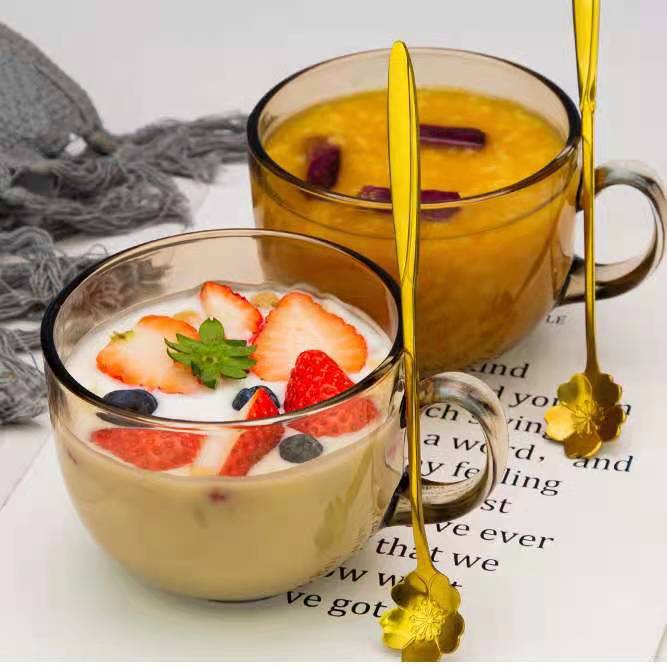 欧式 大口径ins风茶色日常早餐杯牛奶杯家用带把玻璃杯子礼品水杯