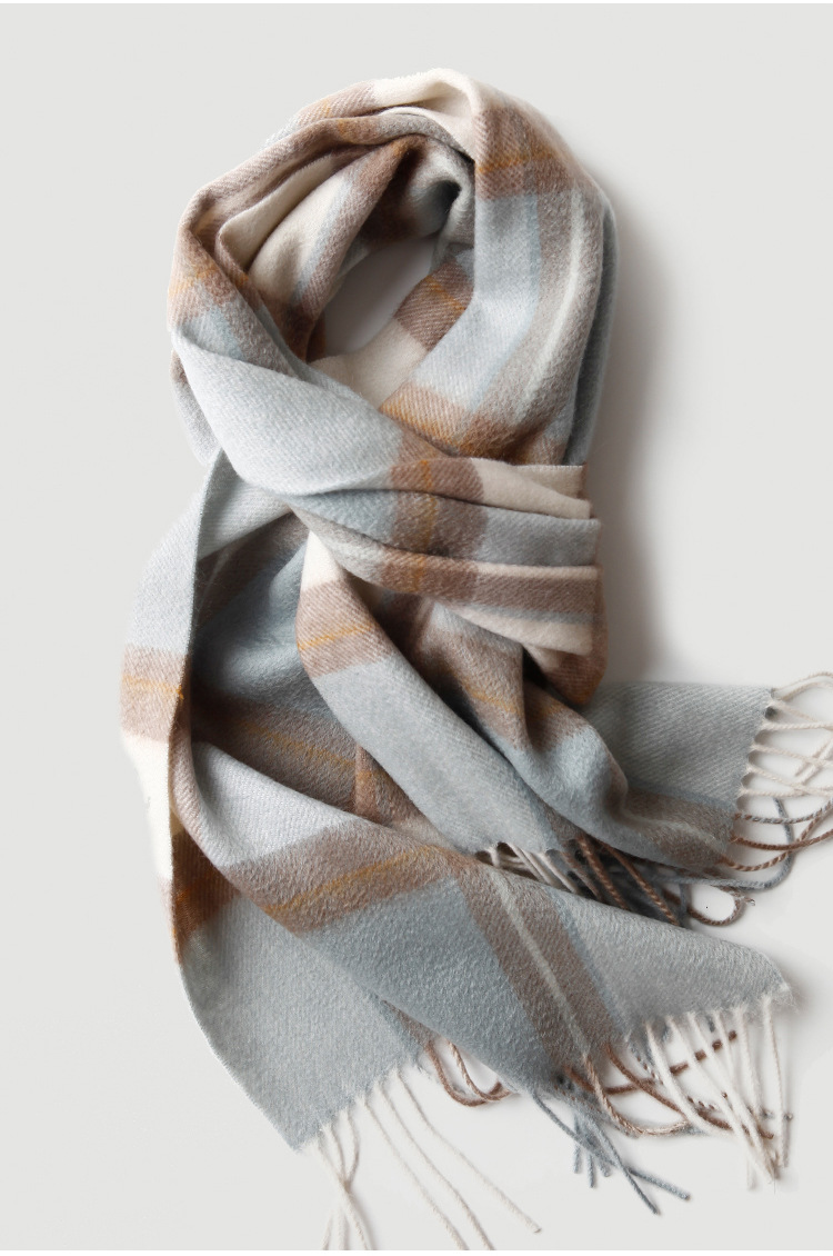 女士纯山羊绒围巾女款格子格纹彩格水波纹厚款秋冬季保暖新款披肩