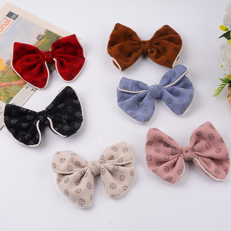 2023 Winter New Fabric Craft Flower Brushed Letter Pattern Wrap White Edge Cotton Slippers Accessories Head Flower Accessories Bow