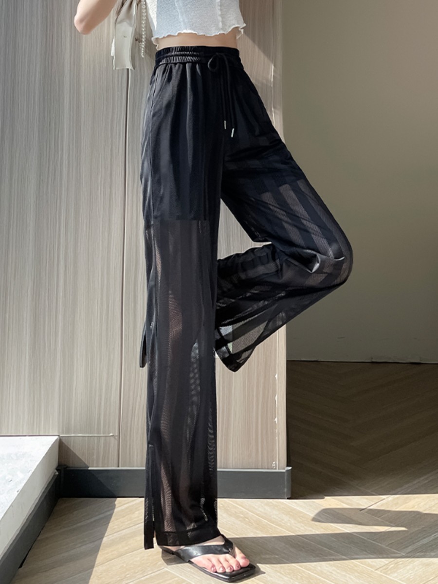 Ice Silk Net Yarn Wide-Leg Pants Women's Summer Thin 2023 Sun Protection Cool Chiffon Split Straight Casual Pants