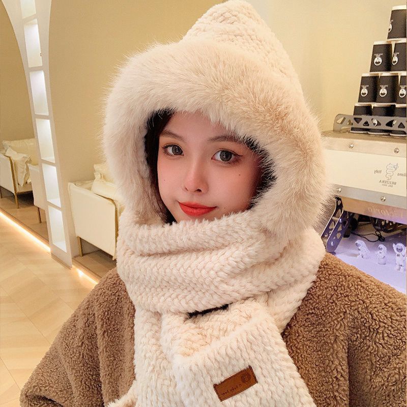 Plush Hat Scarf Gloves Three-in-One Women's Autumn and Winter Riding Warm Earmuffs Thickened Warm Scarf Cute