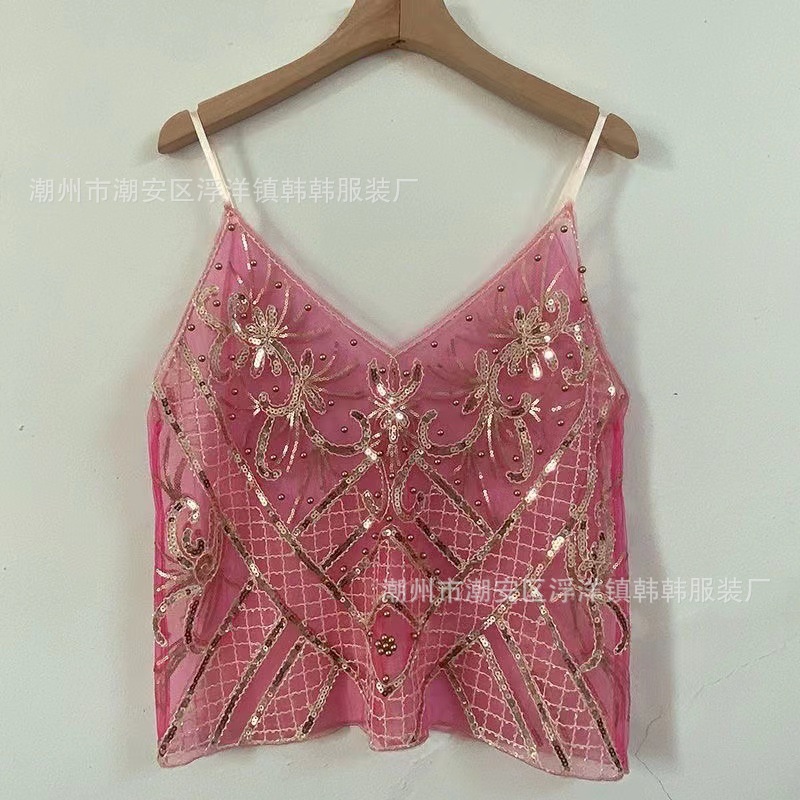 2023春小众女重工亮片钉珠吊带内搭上衣性感显瘦短款V领背心洋气