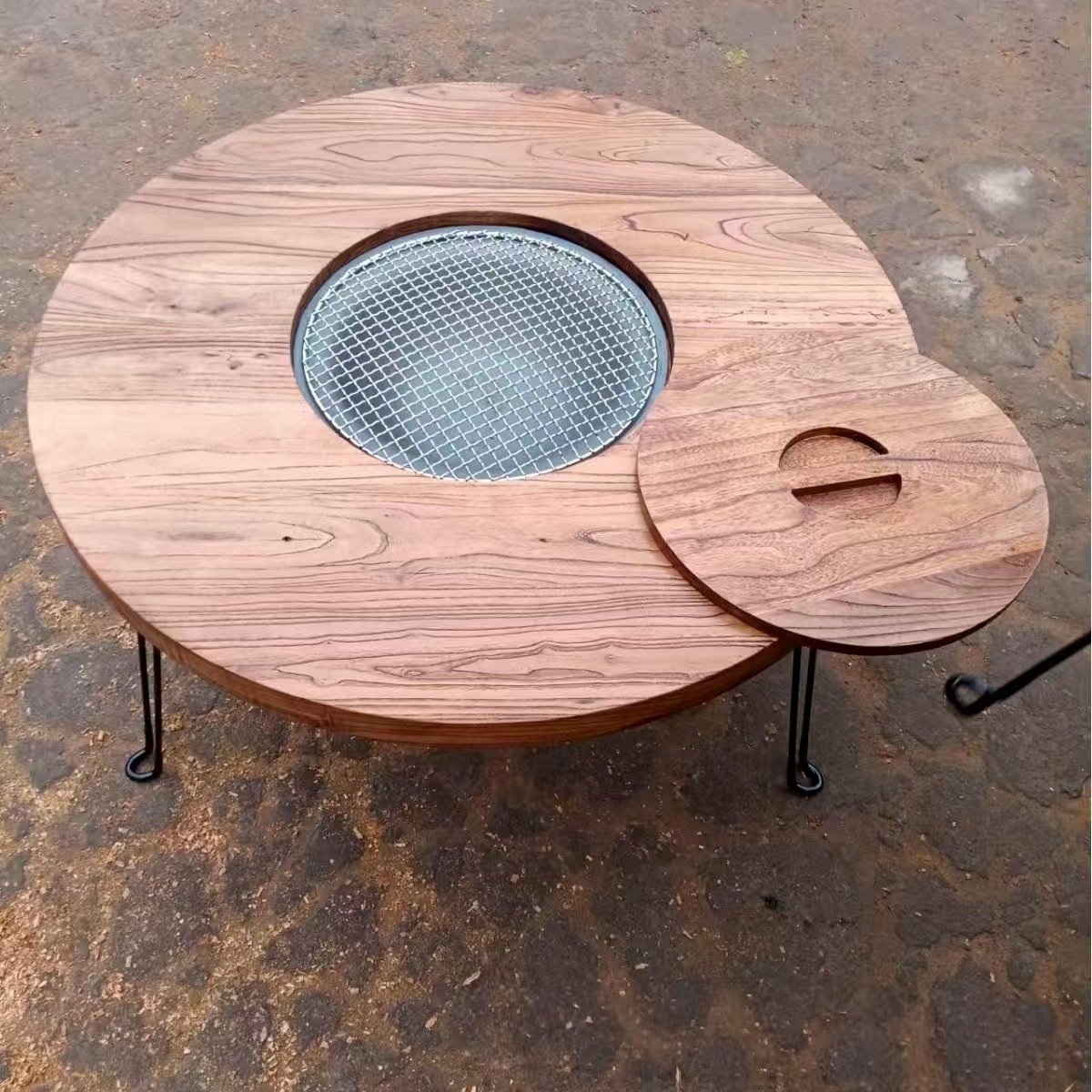 中式老榆木围炉煮茶桌可折叠铁艺腿家用火锅桌实木圆形户外烧烤桌