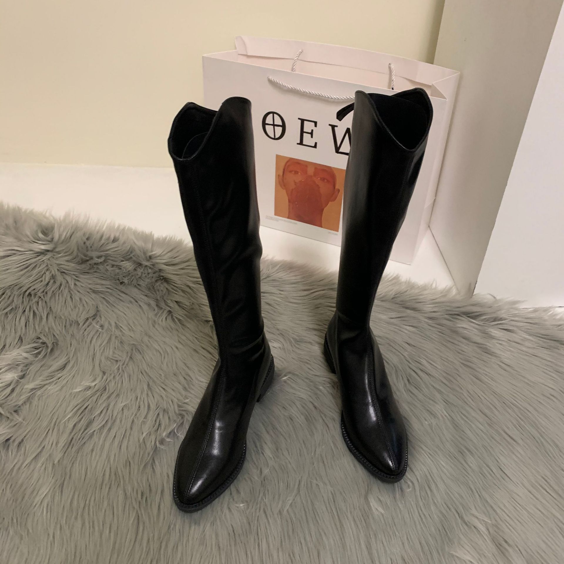 长靴女皮面不过膝长筒靴2021秋冬新款高筒切尔西靴中跟尖头骑士靴