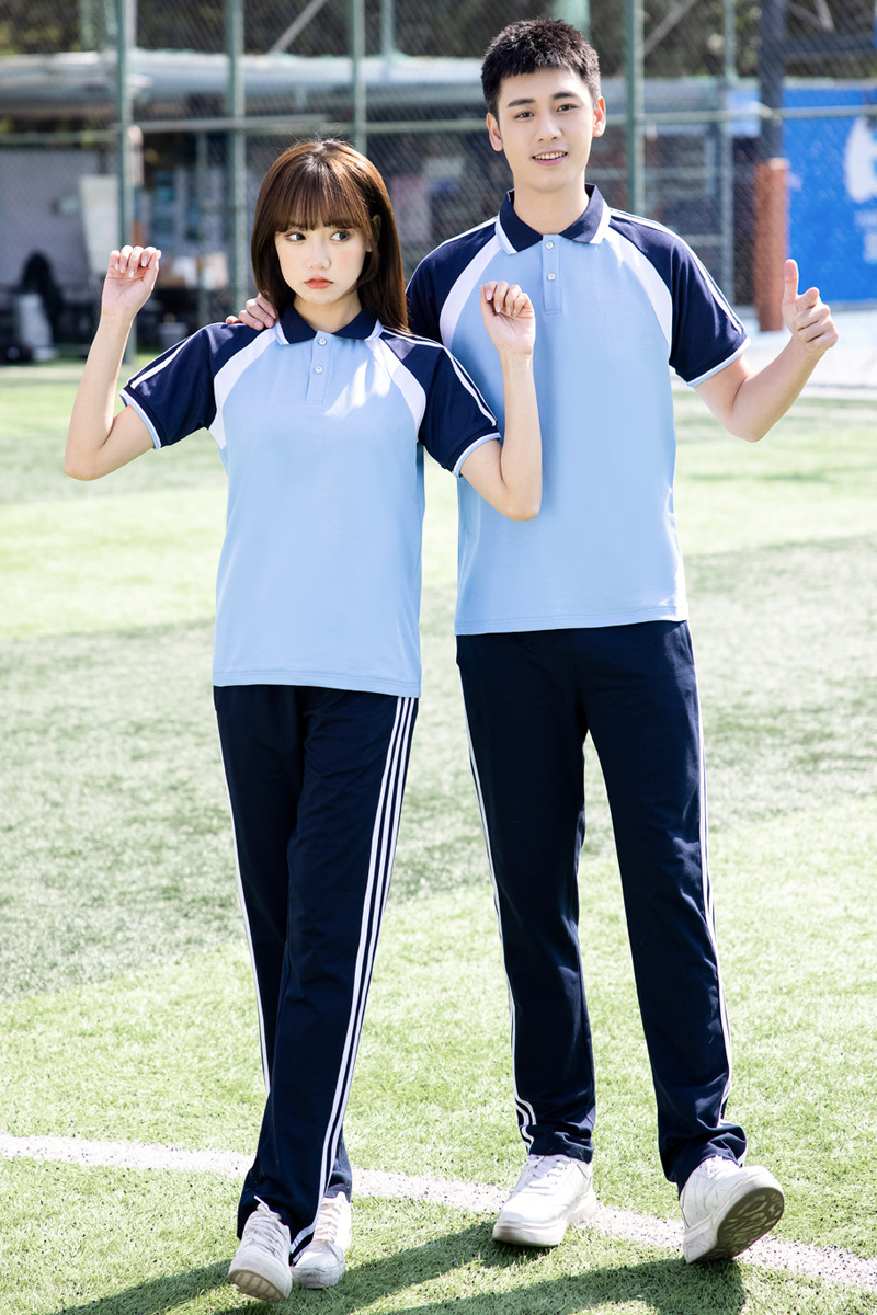 夏季校服短袖中学生三件套班服高中生蓝色t恤初中生学院风运动服