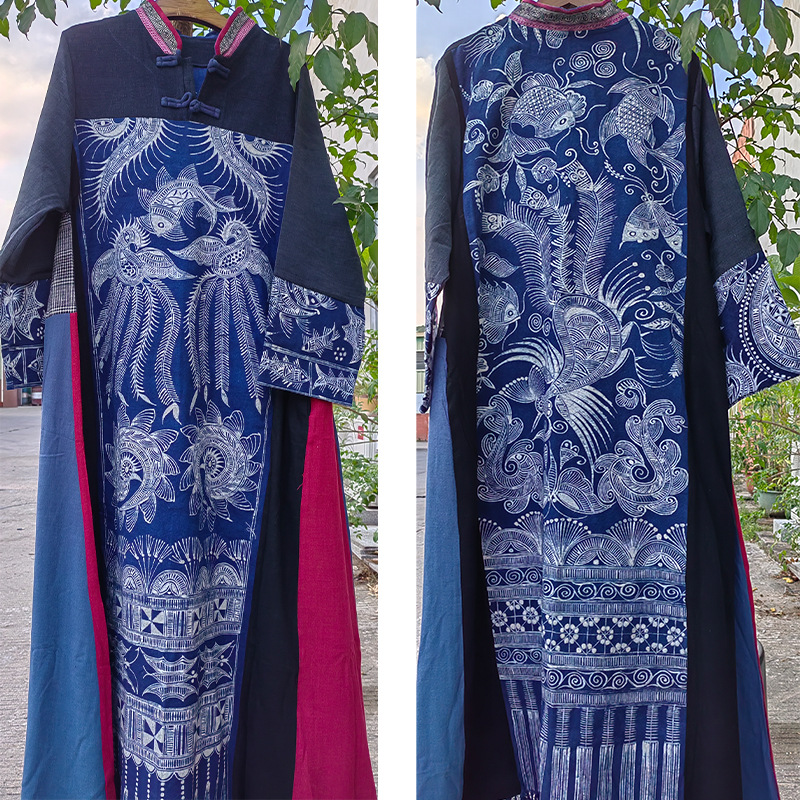 云南扎染秋民族风蜡染连衣裙蓝染流苏长款a字裙贵州苗族服饰袍子