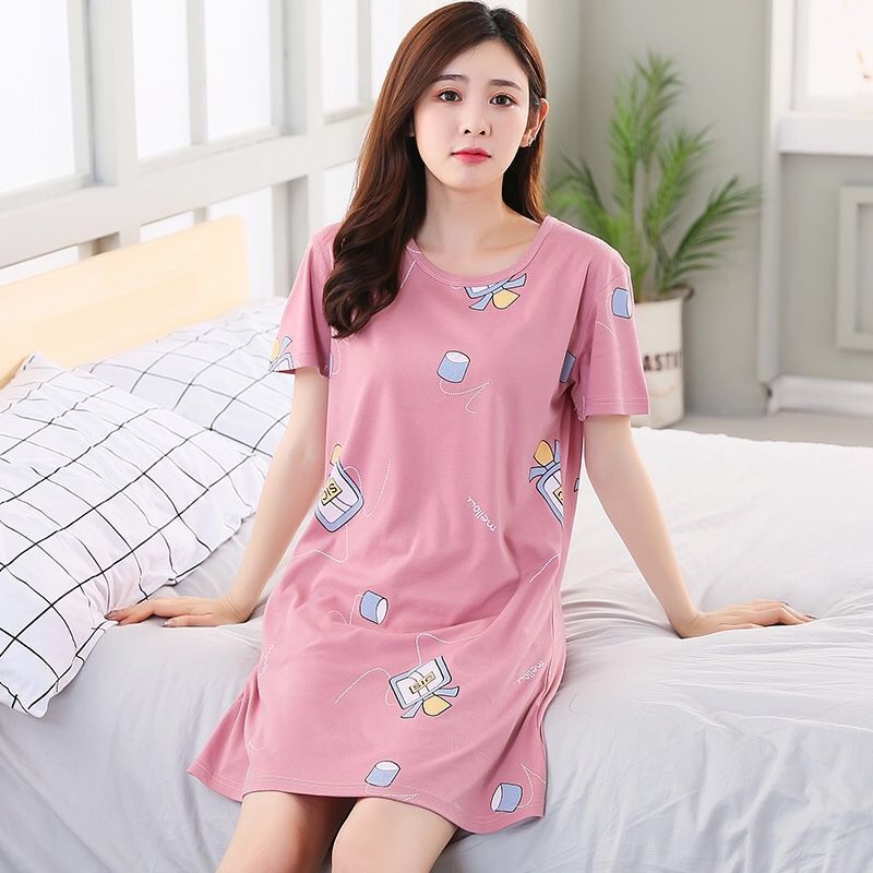 Nightdress Women's Summer Cute Pajamas Korean-Style Short-Sleeved Nightdress Women's Mid-Length plus Size Nightdress Ladies Summer Home Wear