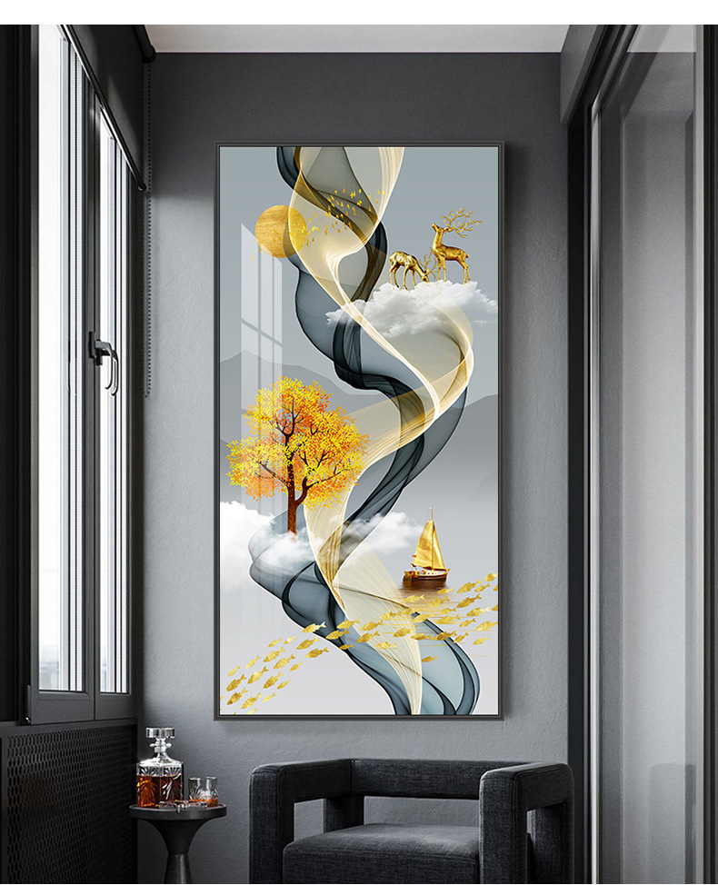 福禄生辉入户玄关装饰画走廊尽头挂画过道背景墙竖版墙画轻奢壁画