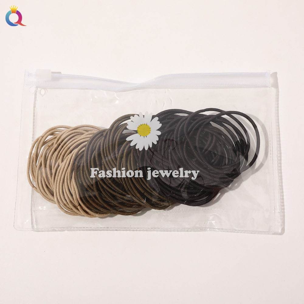 Qiyue South Korea Dongdaemun Simple Black Headband Bagged Hair Band Cross-Border Elastic Rubber Band Hair Rope Set Hair Accessories for Women