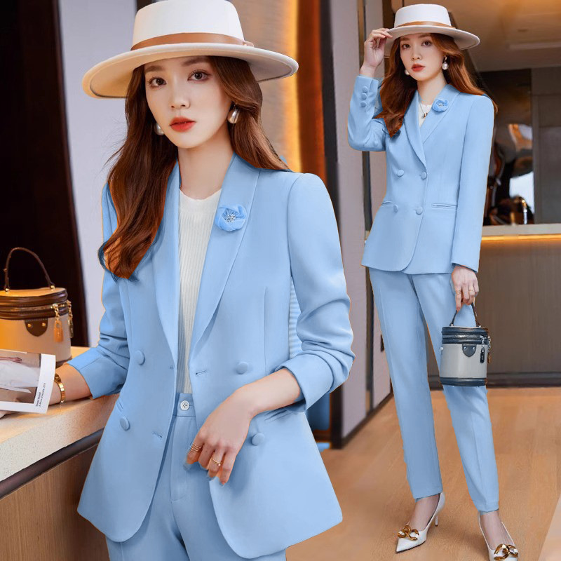浅蓝色职业西装套装女2023春秋韩版高端时尚气质面试销售正装西服