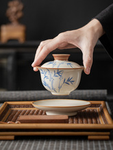 手绘汝窑三才盖碗可悬停单个高档米黄泡茶杯陶瓷防不烫手工喝茶具