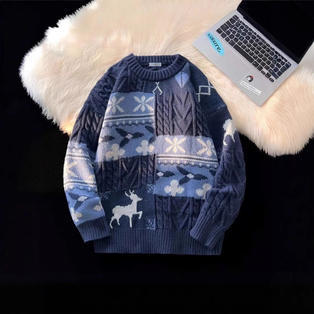 国潮提花毛衣男冬季潮牌加厚慵懒打底针织衫复古圣诞保暖宽松外套