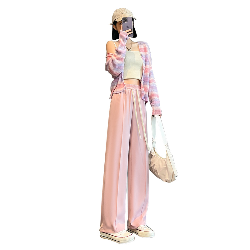 Pink Suit Pants Women's Pants Spring and Autumn Outer Wear High Waist Narrow Wide Leg Pants Drape Women's Clothing Casual Straight-Leg Mop Pants