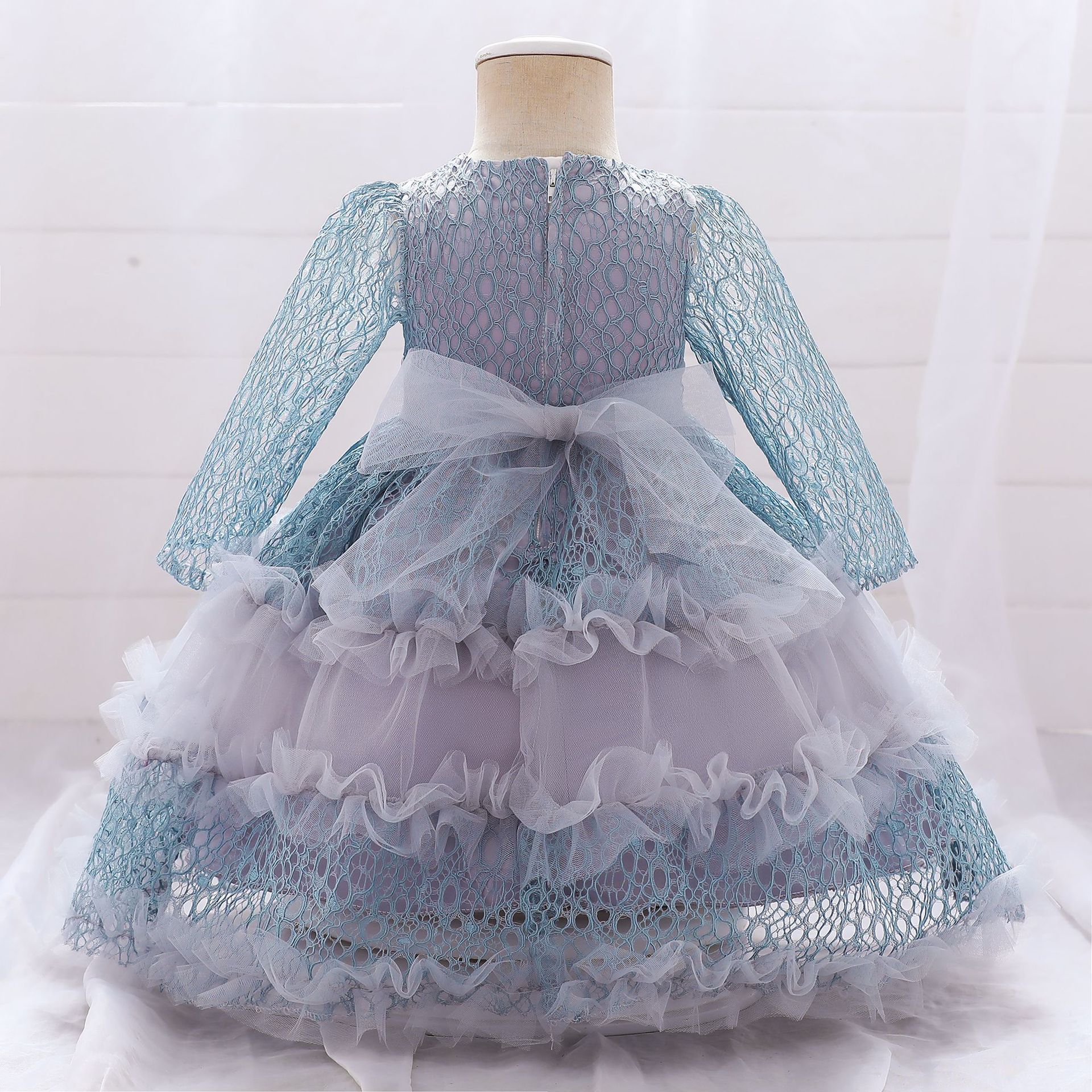 亚马逊童装批发儿童礼服公主裙女童蕾丝袖网纱连衣裙花童蓬蓬裙