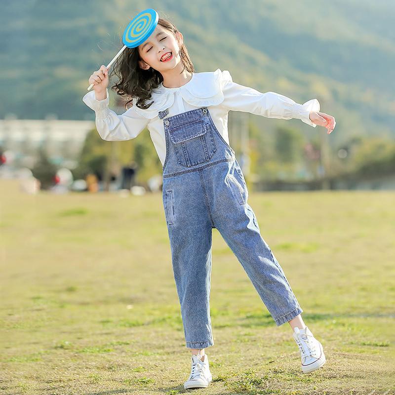 女童牛仔背带裤2024新款中大童韩版裤子春秋洋气儿童秋装套装10岁