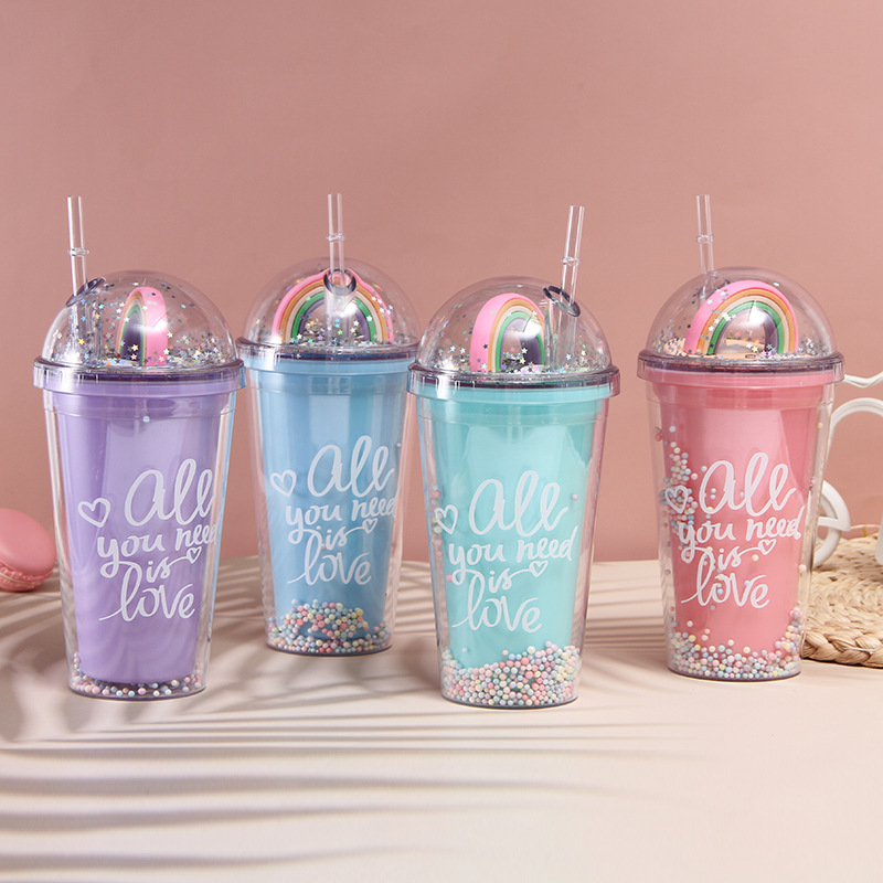 Korean Style Rainbow Pop Cup with Straw Large Capacity Cute Male and Female Students Summer Ice Glass Double-Layer Plastic Cup with Flashing Light