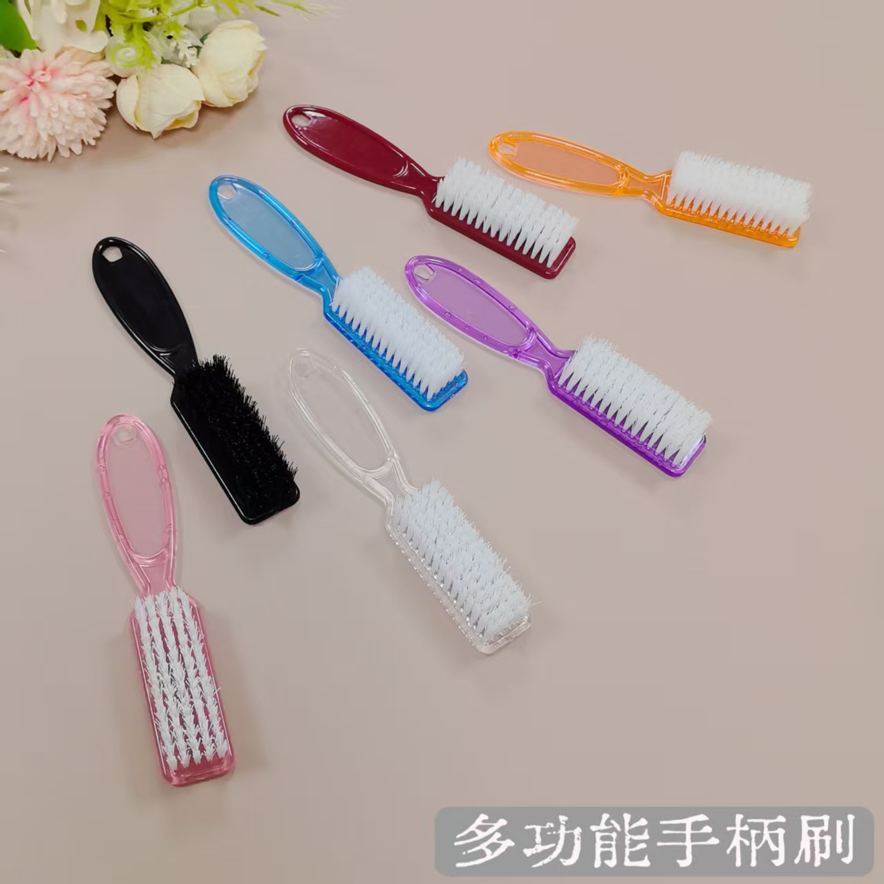 跨境现货美甲工具彩色粉尘刷手柄刷多功能指甲清洁刷粉尘羊角刷子