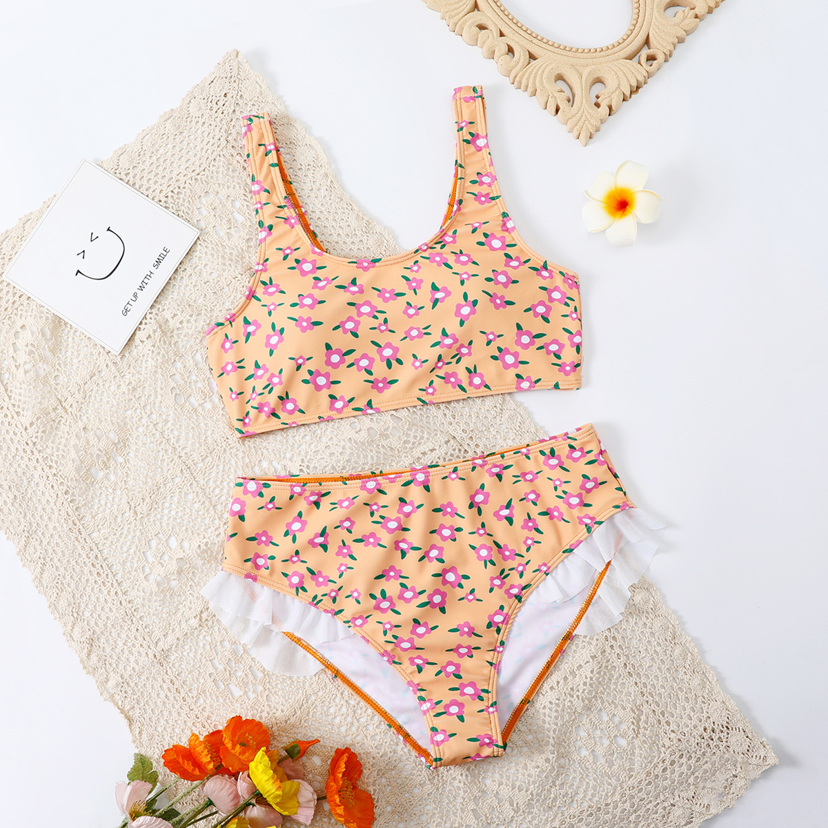 分体女童泳衣儿童泳装女孩欧美外贸比基尼速卖通亚马逊太阳花印花