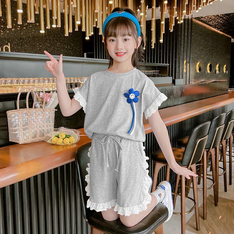 女童花边裤子夏季小学新款女童儿童装学院风套装女孩套装夏装