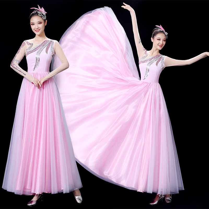 新款开场舞大摆裙演出服女大气歌伴舞合唱长裙现代舞蹈连衣裙服装