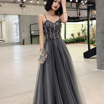 (清货)黑色吊带晚礼服女长款宴会气质感名显瘦气质演出服小礼服