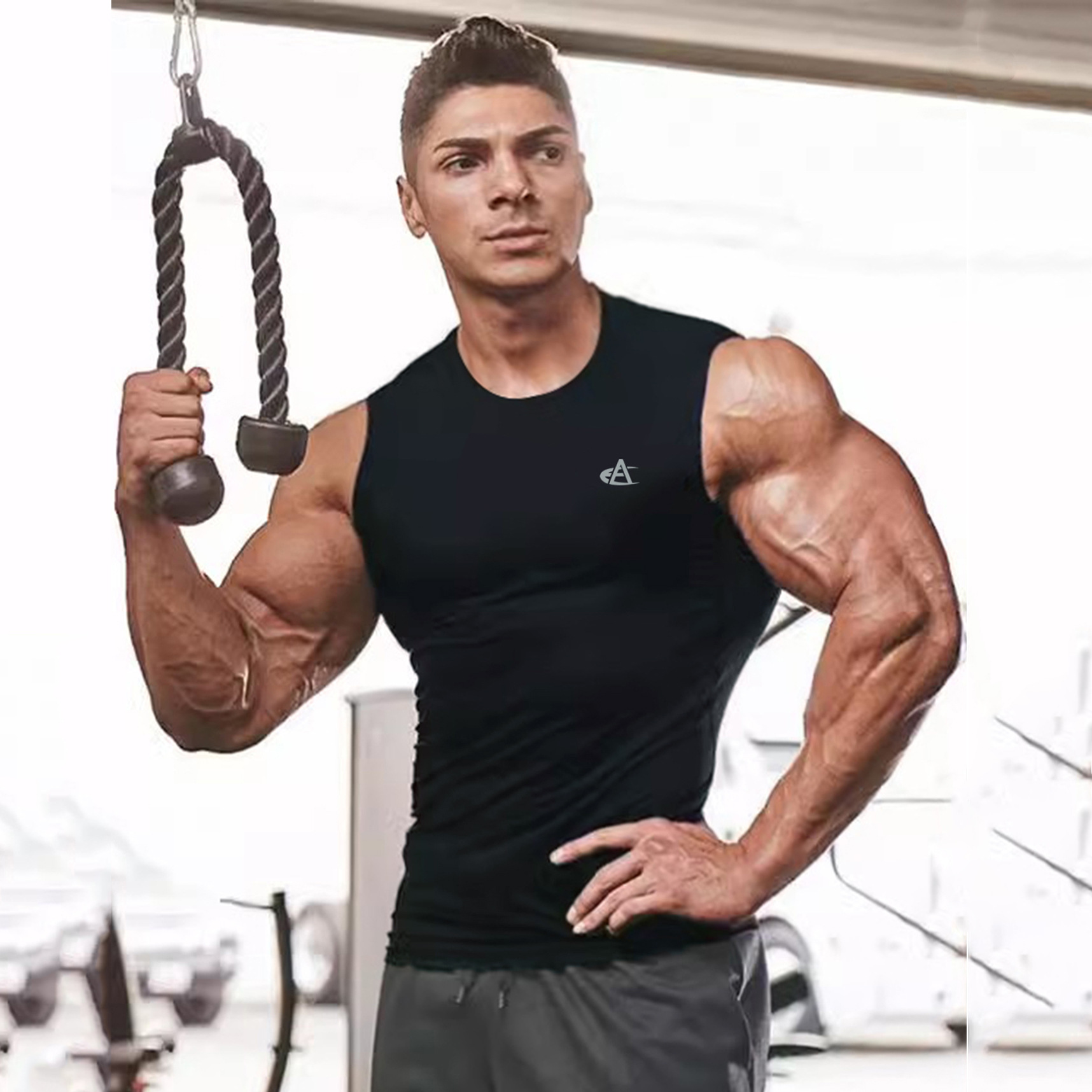 健身弹力背心肌肉男健美训练服宽肩无袖塑身衣私人教练工作服