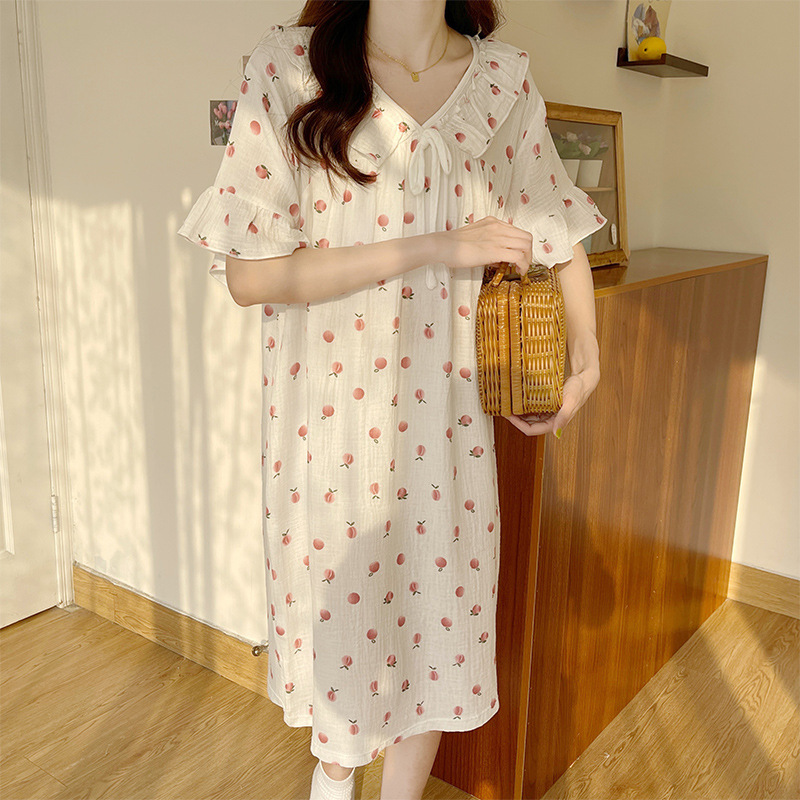 Women's Nightdress Summer Cotton Gauze Short Sleeve Sweet Princess Style Double-Layer Yarn Cotton Silk Summer Pajamas Skirts Homewear