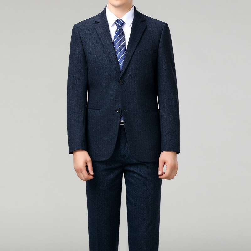 男士西服毛料套装中年爸爸装商务正装高档羊毛西装条纹男装二件套